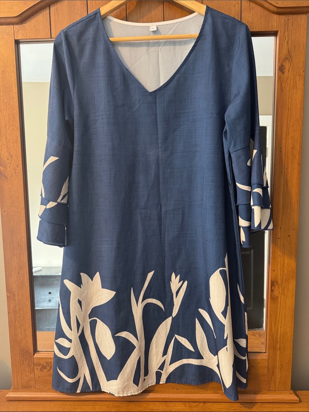 Women's Navy Blue Floral A-Line flare sleeve lightweight summer dress Size L